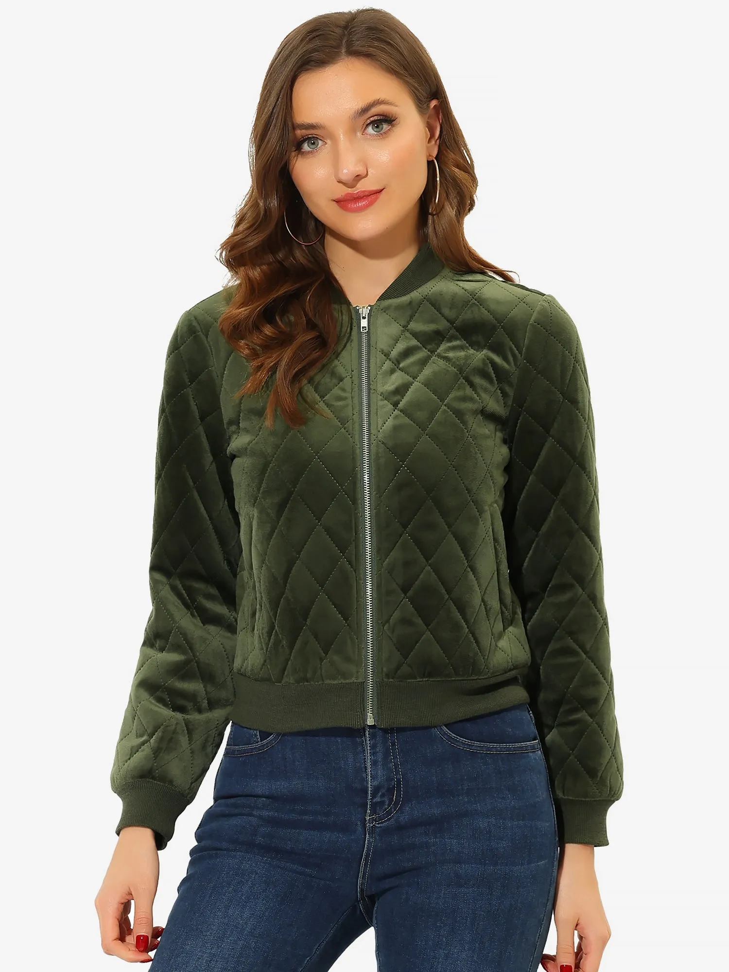 Zip Up Long Sleeve Velvet Surface Diamond Quilted Bomber Jacket sold by Allegra K