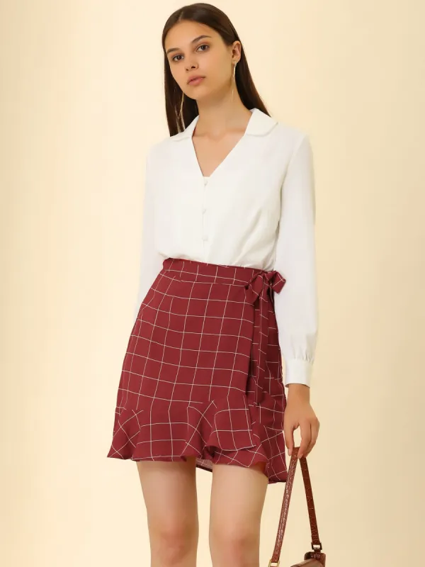 Wrap Self Tie Ruffle Hem Plaid Grid Mini Skirt sold by Allegra K
