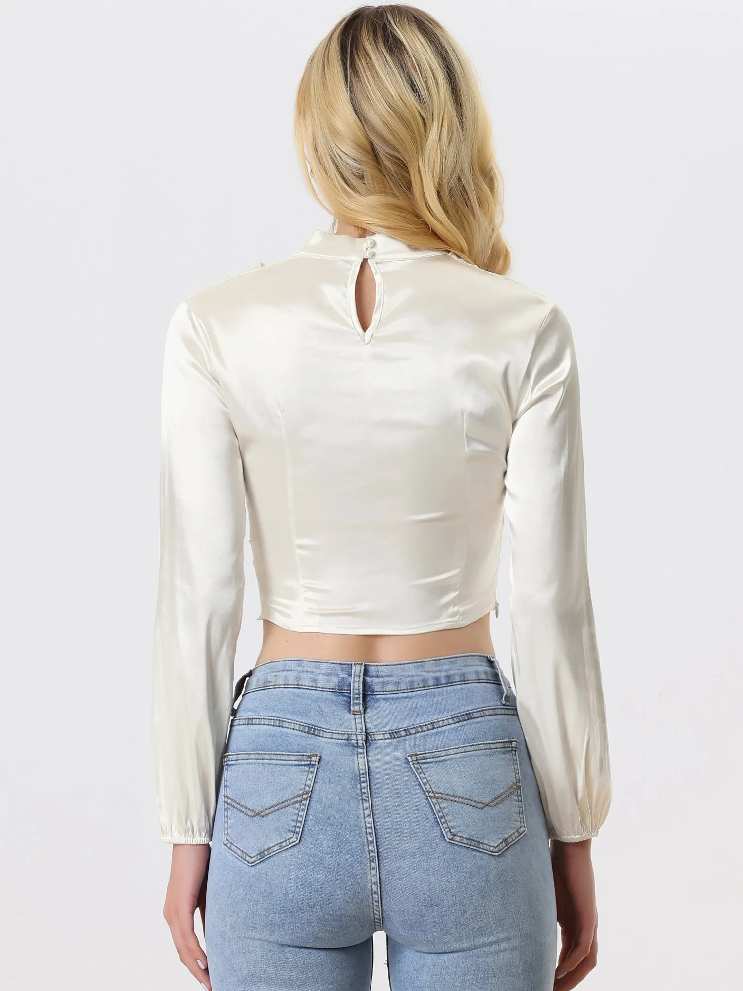 Satin Lantern Long Sleeve Elegant Mock Neck Crop Top Blouse sold by Allegra K product image thumbnail 3