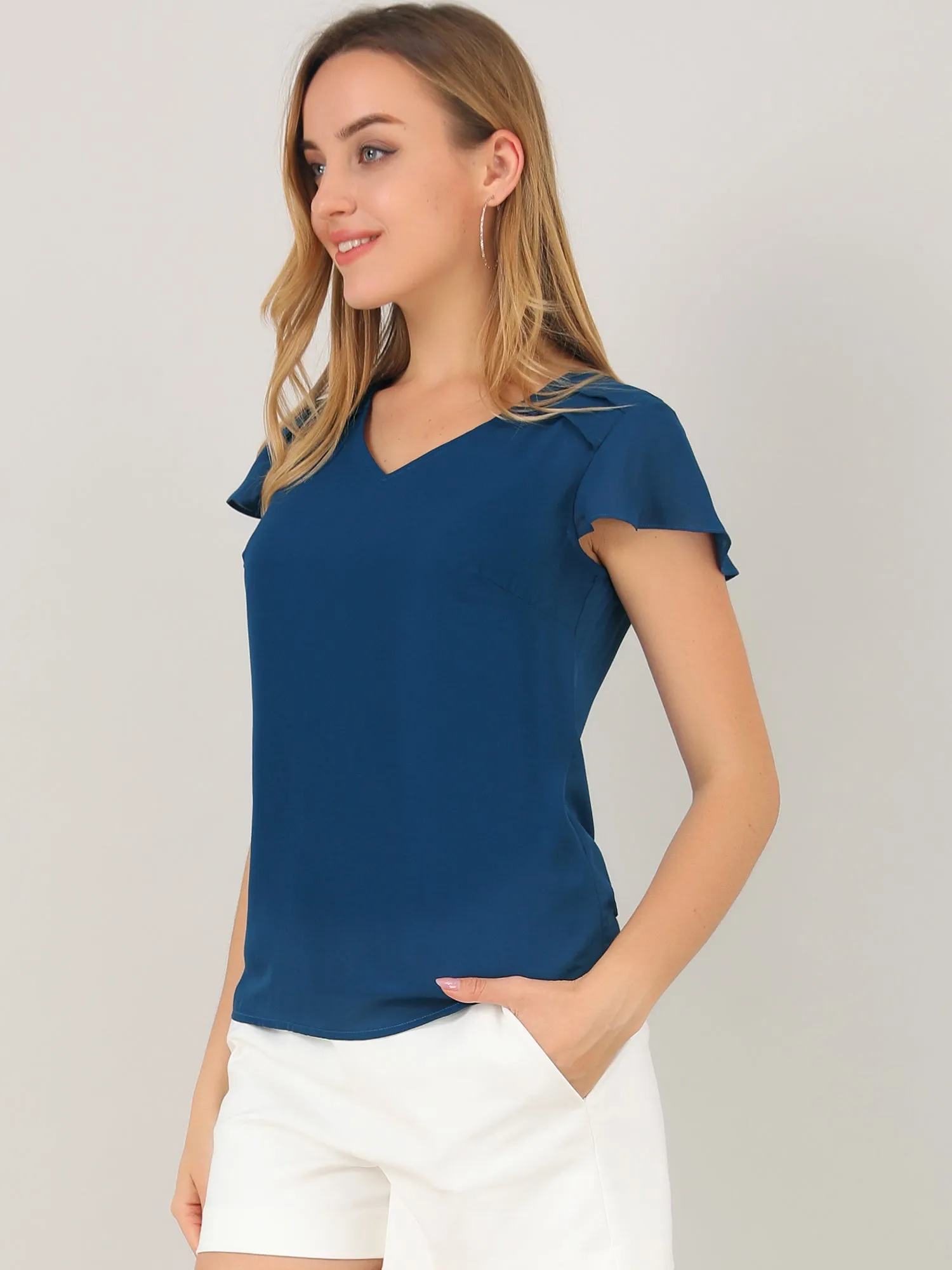 Chiffon Blouse Elegant V Neck Cap Sleeve Work Summer Top sold by Allegra K product image thumbnail 3