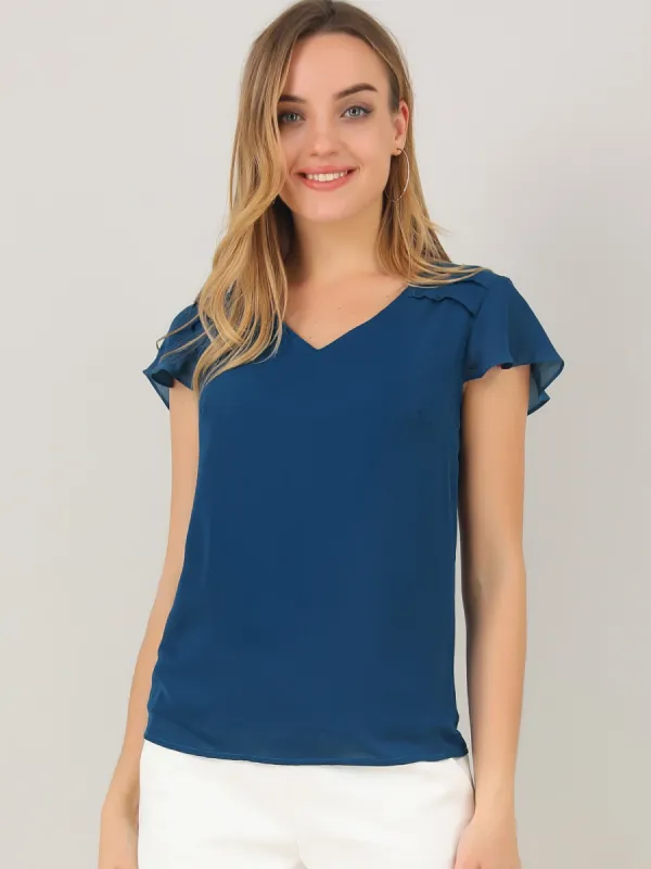 Chiffon Blouse Elegant V Neck Cap Sleeve Work Summer Top sold by Allegra K