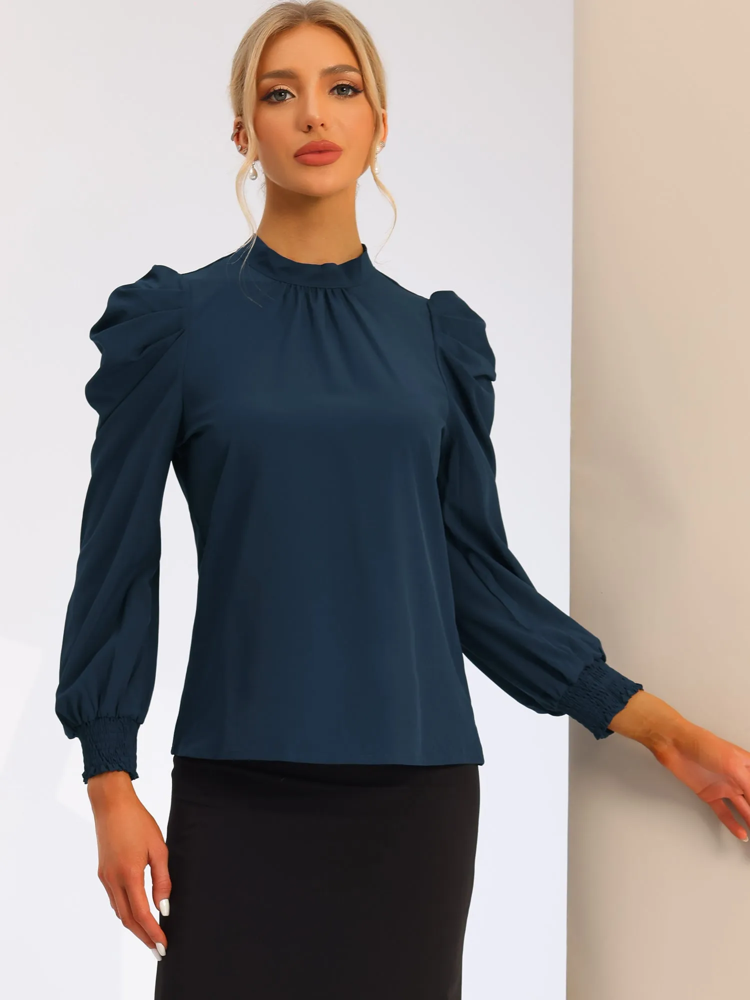 Office Elegant Stand Collar Long Puff Sleeve Shirt sold by Allegra K product image thumbnail 4
