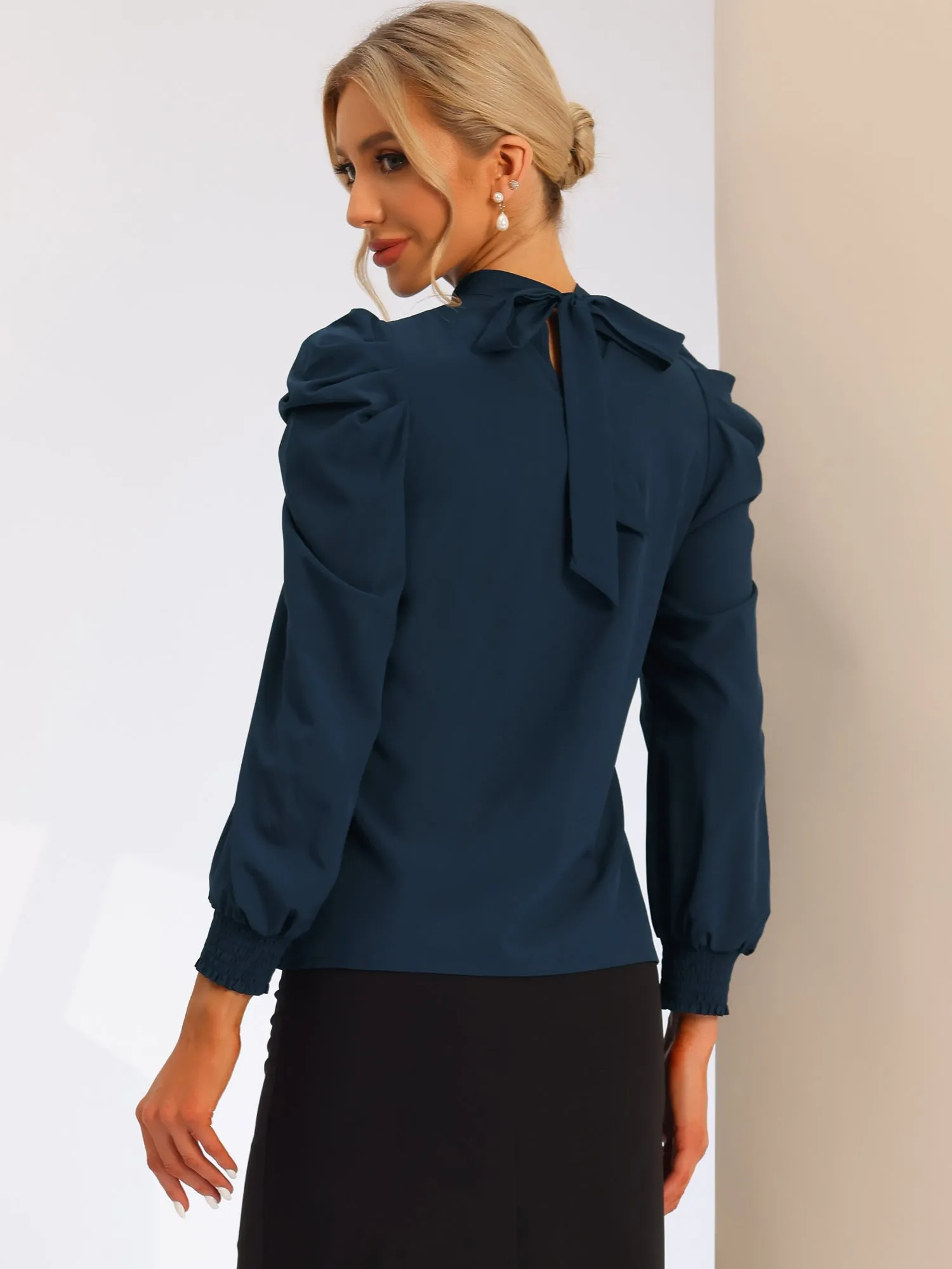 Office Elegant Stand Collar Long Puff Sleeve Shirt sold by Allegra K product image thumbnail 3