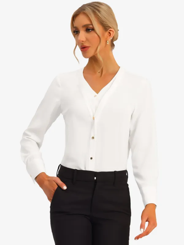 Classic Office Blouse V Neck Long Sleeve Button Down Shirt sold by Allegra K
