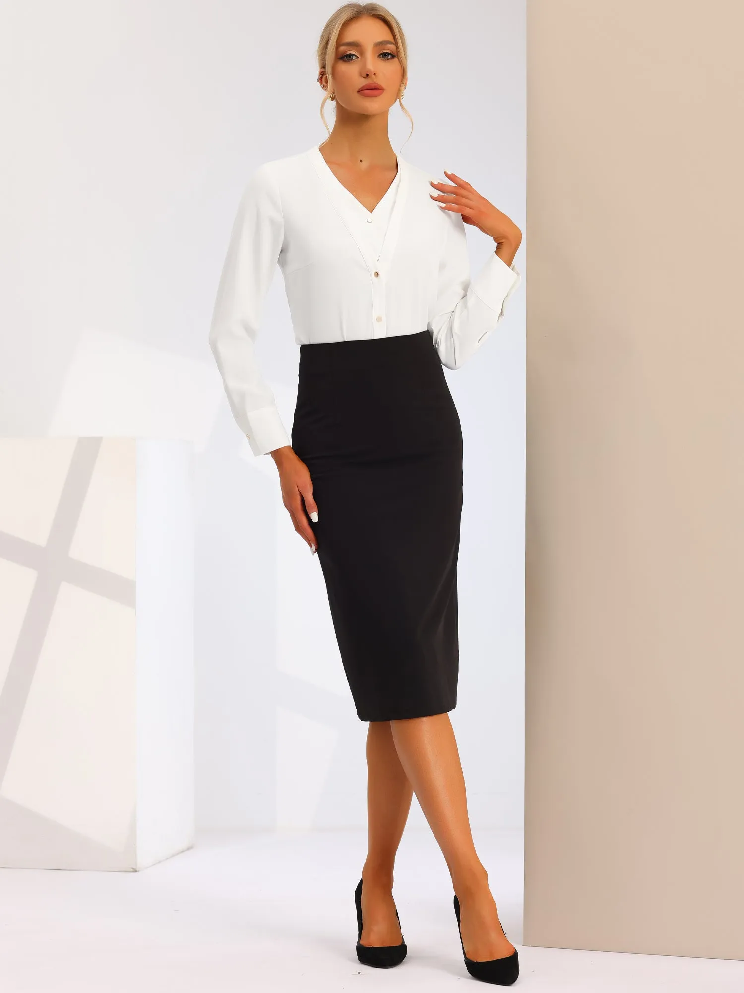 Classic Office Blouse V Neck Long Sleeve Button Down Shirt sold by Allegra K product image thumbnail 4