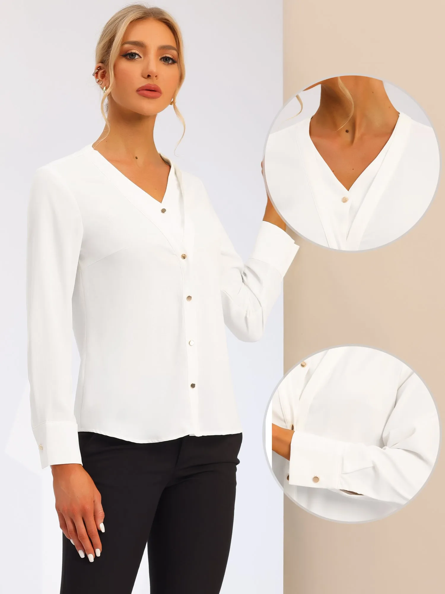 Classic Office Blouse V Neck Long Sleeve Button Down Shirt sold by Allegra K product image thumbnail 2