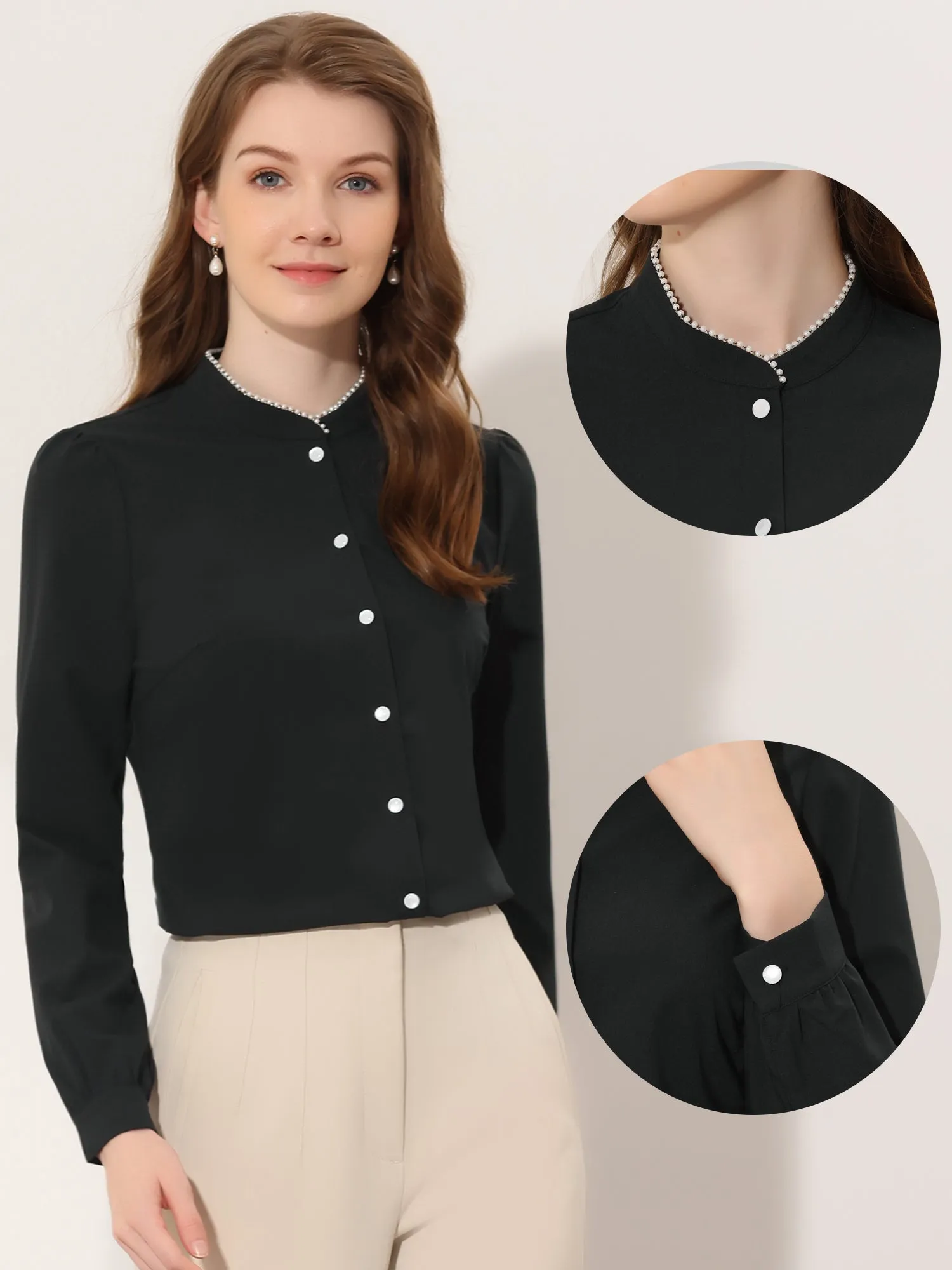 Mock Neck Button Up Shirt Work Office Long Sleeve Chiffon Blouse sold by Allegra K product image thumbnail 2