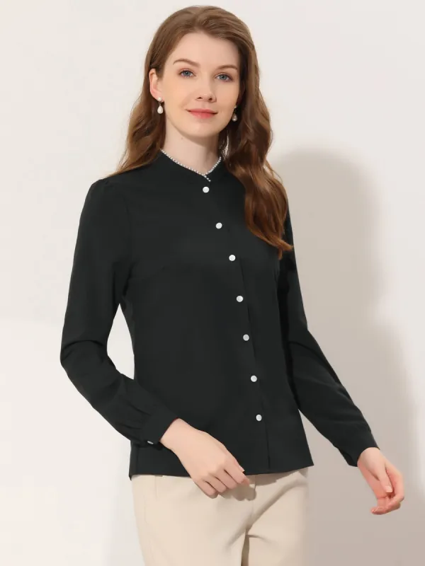 Mock Neck Button Up Shirt Work Office Long Sleeve Chiffon Blouse sold by Allegra K