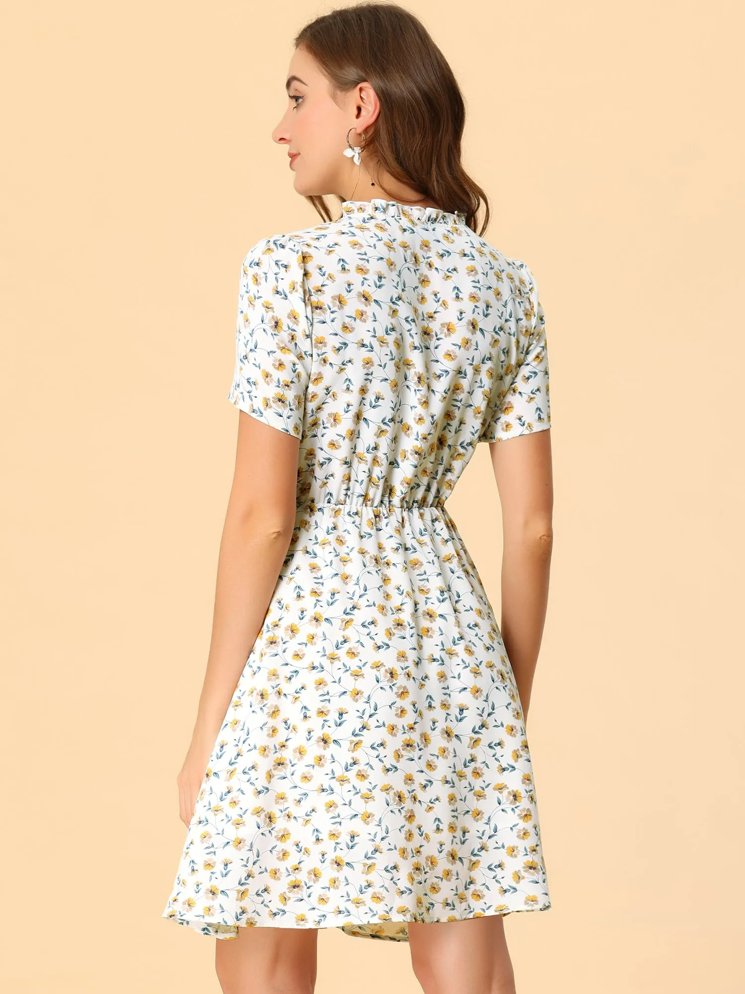 Floral Print Ruffle V Neck Buttoned Short Sleeve Summer Dress sold by Allegra K product image thumbnail 4
