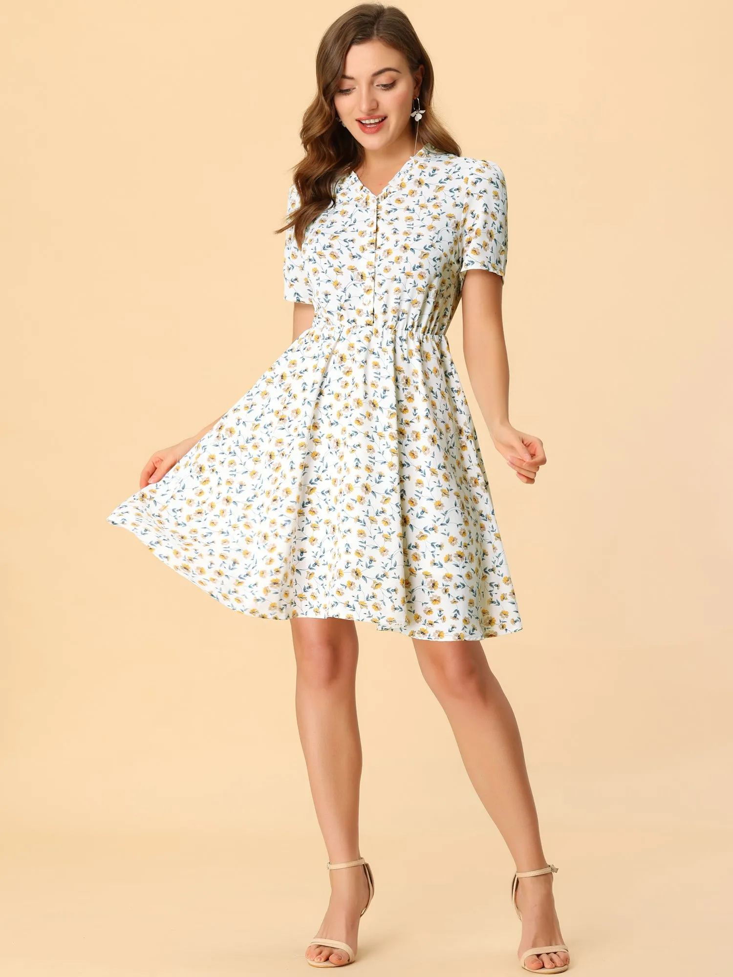 Floral Print Ruffle V Neck Buttoned Short Sleeve Summer Dress sold by Allegra K product image thumbnail 2