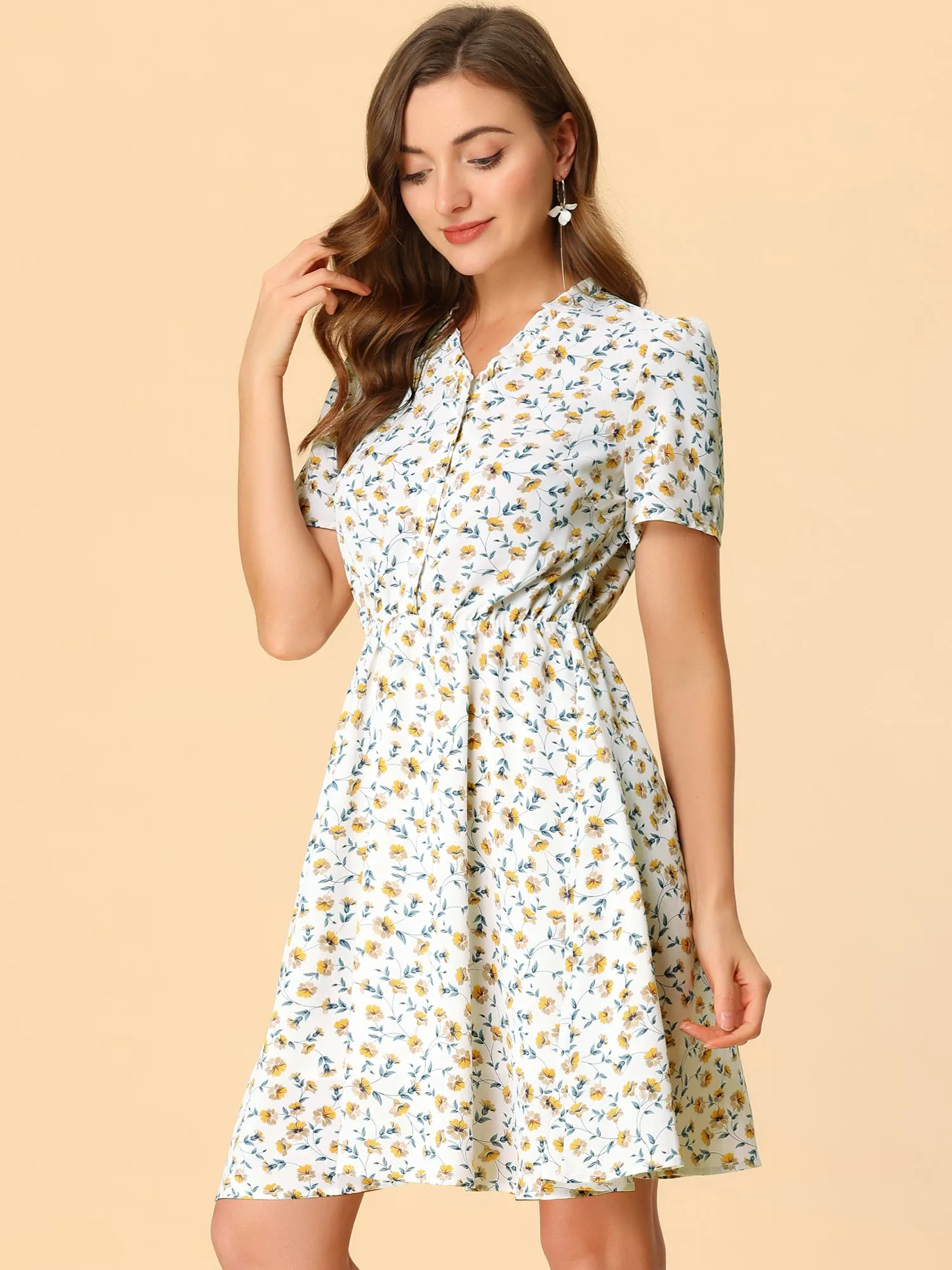 Floral Print Ruffle V Neck Buttoned Short Sleeve Summer Dress sold by Allegra K product image thumbnail 3