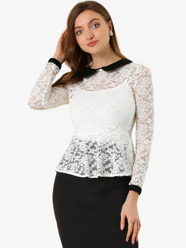 Peter Pan Collar Doll Lace Floral Peplum Top sold by Allegra K