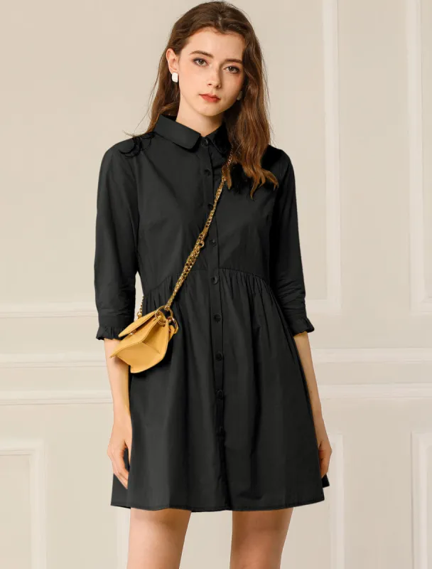 Ruched 3/4 Sleeve Button Up Casual Mini Shirt Dress sold by Allegra K