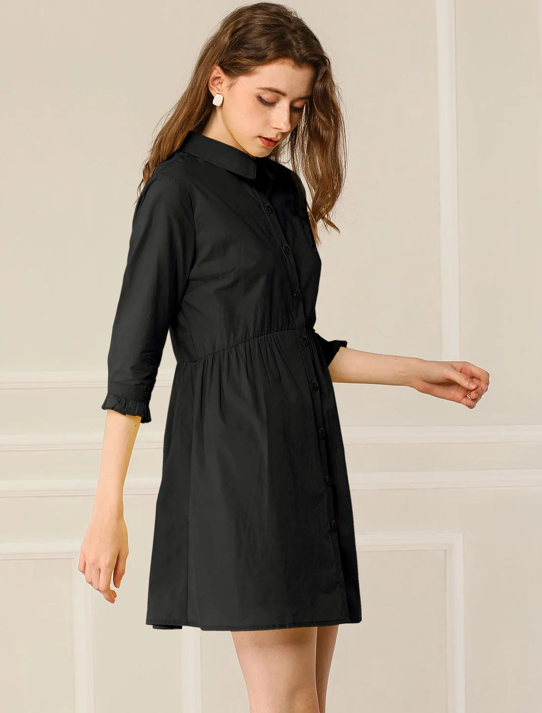 Ruched 3/4 Sleeve Button Up Casual Mini Shirt Dress sold by Allegra K product image thumbnail 3