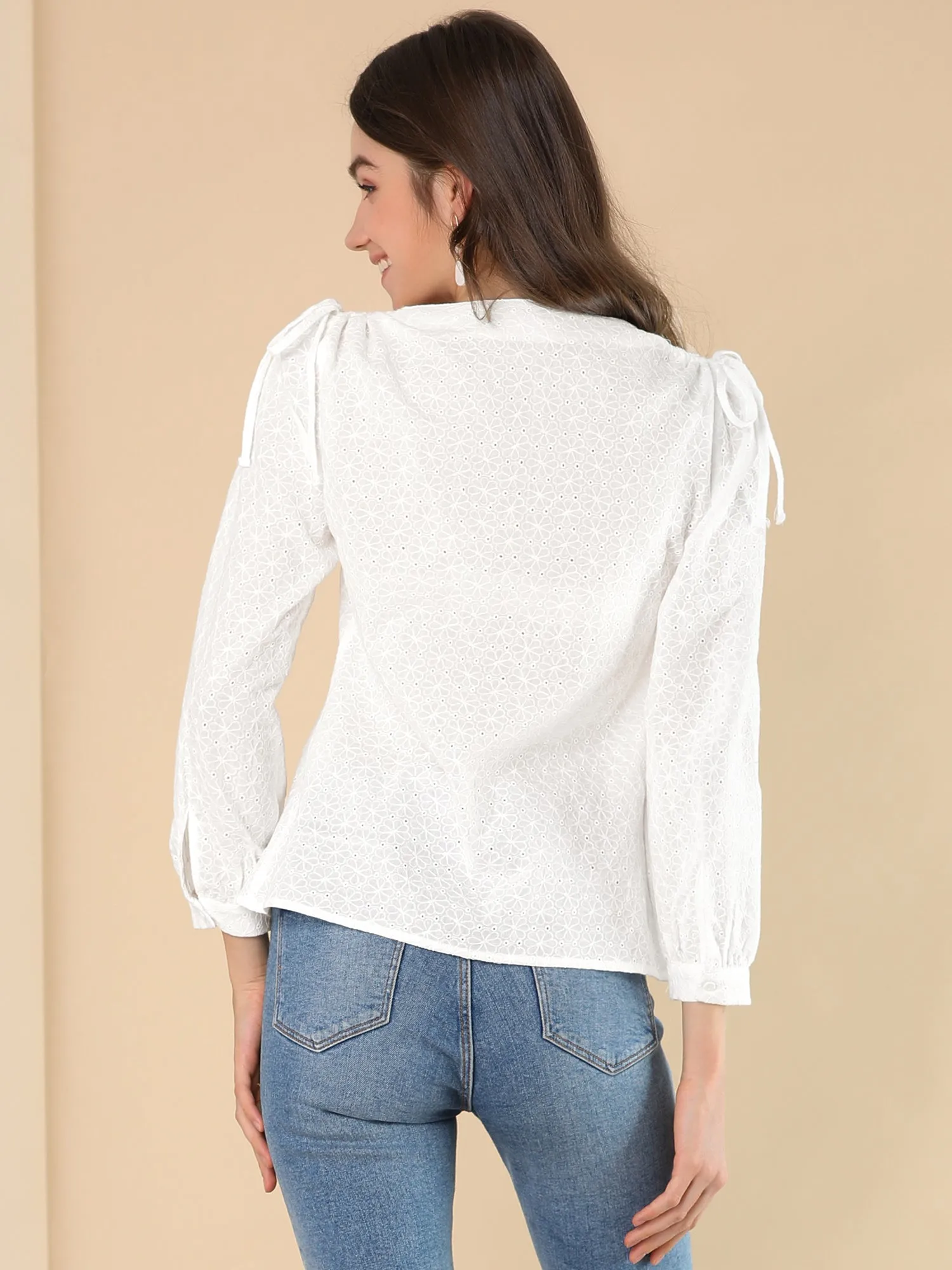 Casual Cotton Tie Neck Blouse Long Sleeve Shirt Tops sold by Allegra K product image thumbnail 4