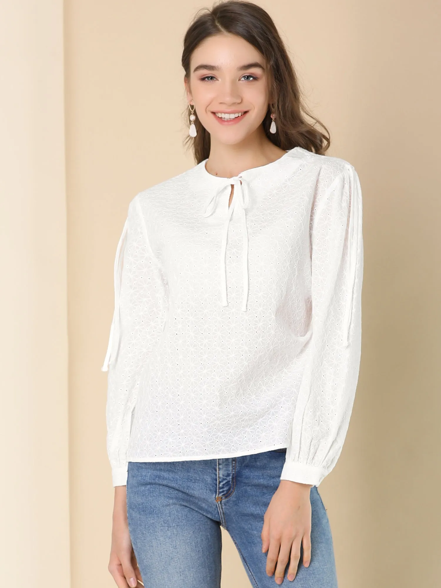 Casual Cotton Tie Neck Blouse Long Sleeve Shirt Tops sold by Allegra K