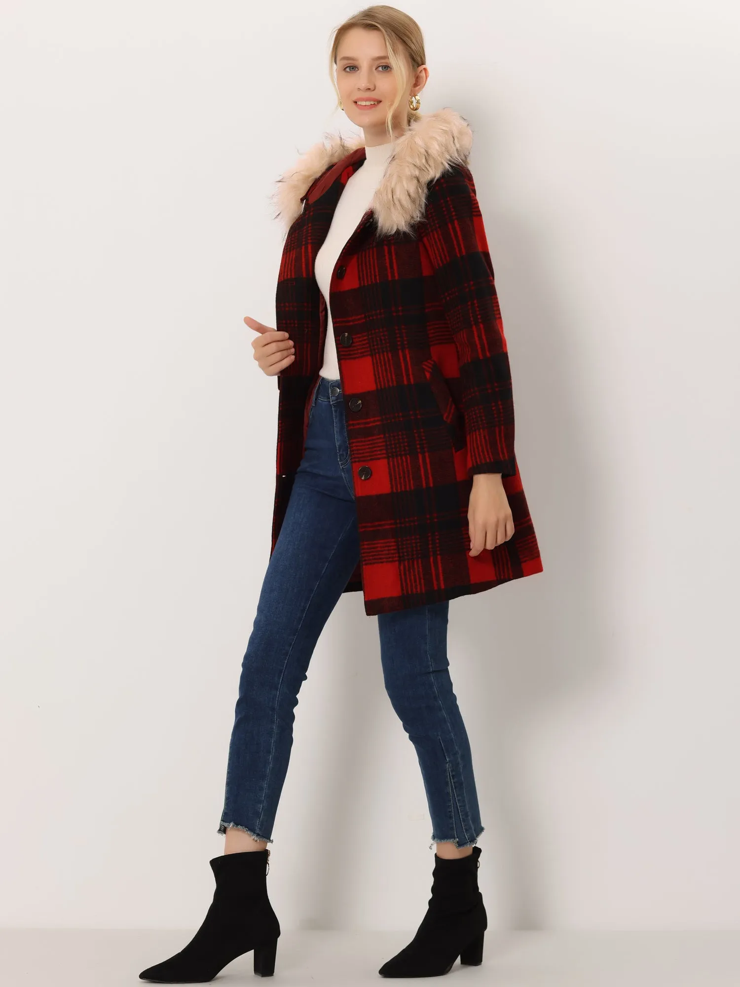 Winter Thick Button Front Pockets Check Plaid Coat with Fluffy Hood sold by Allegra K product image thumbnail 2
