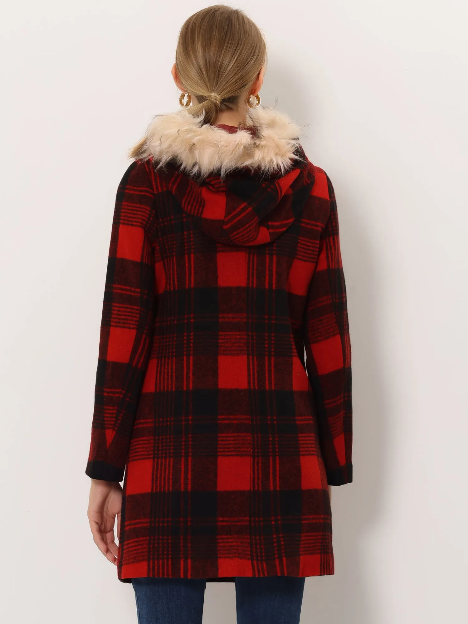 Winter Thick Button Front Pockets Check Plaid Coat with Fluffy Hood sold by Allegra K product image thumbnail 4
