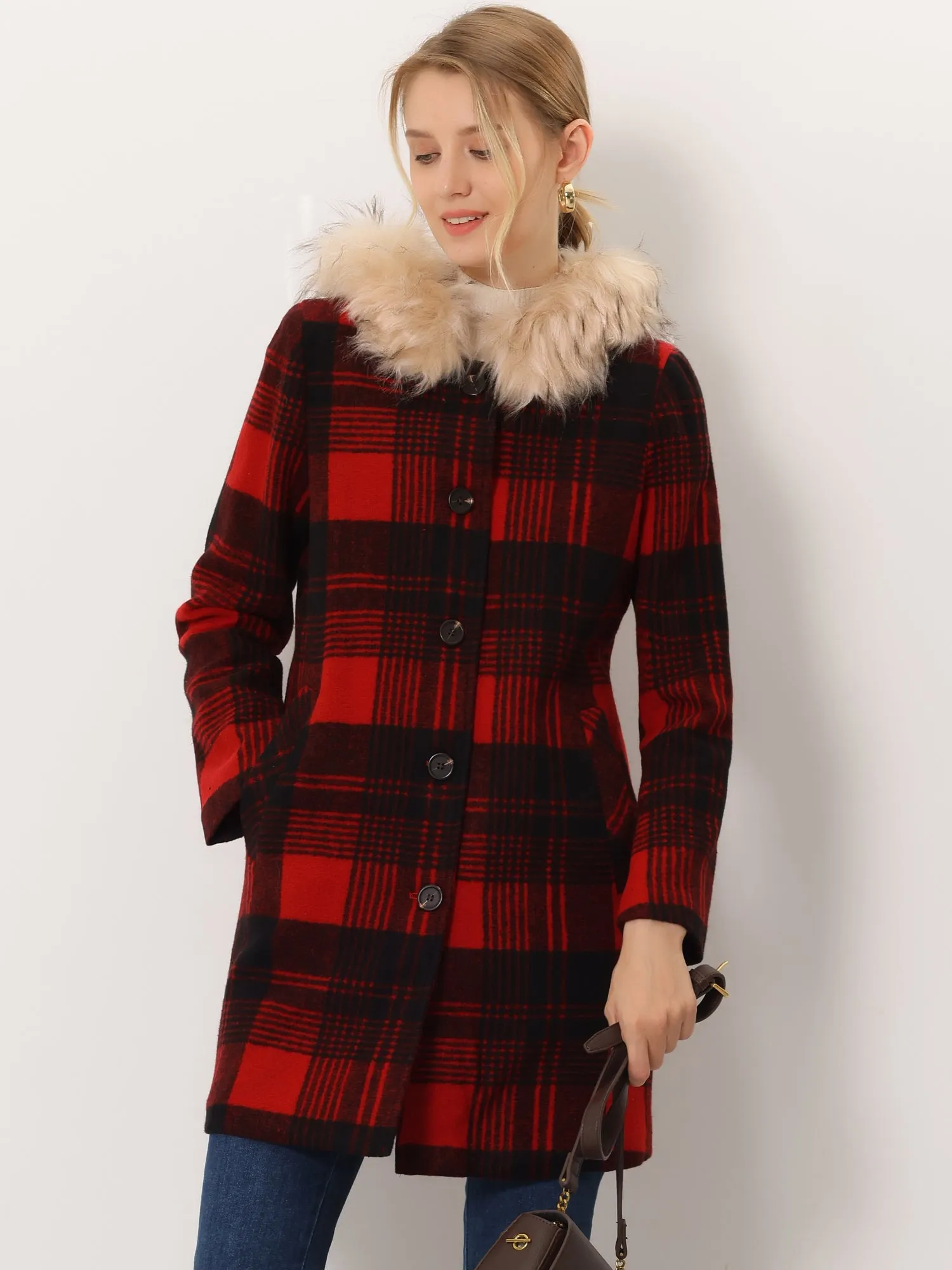 Winter Thick Button Front Pockets Check Plaid Coat with Fluffy Hood sold by Allegra K