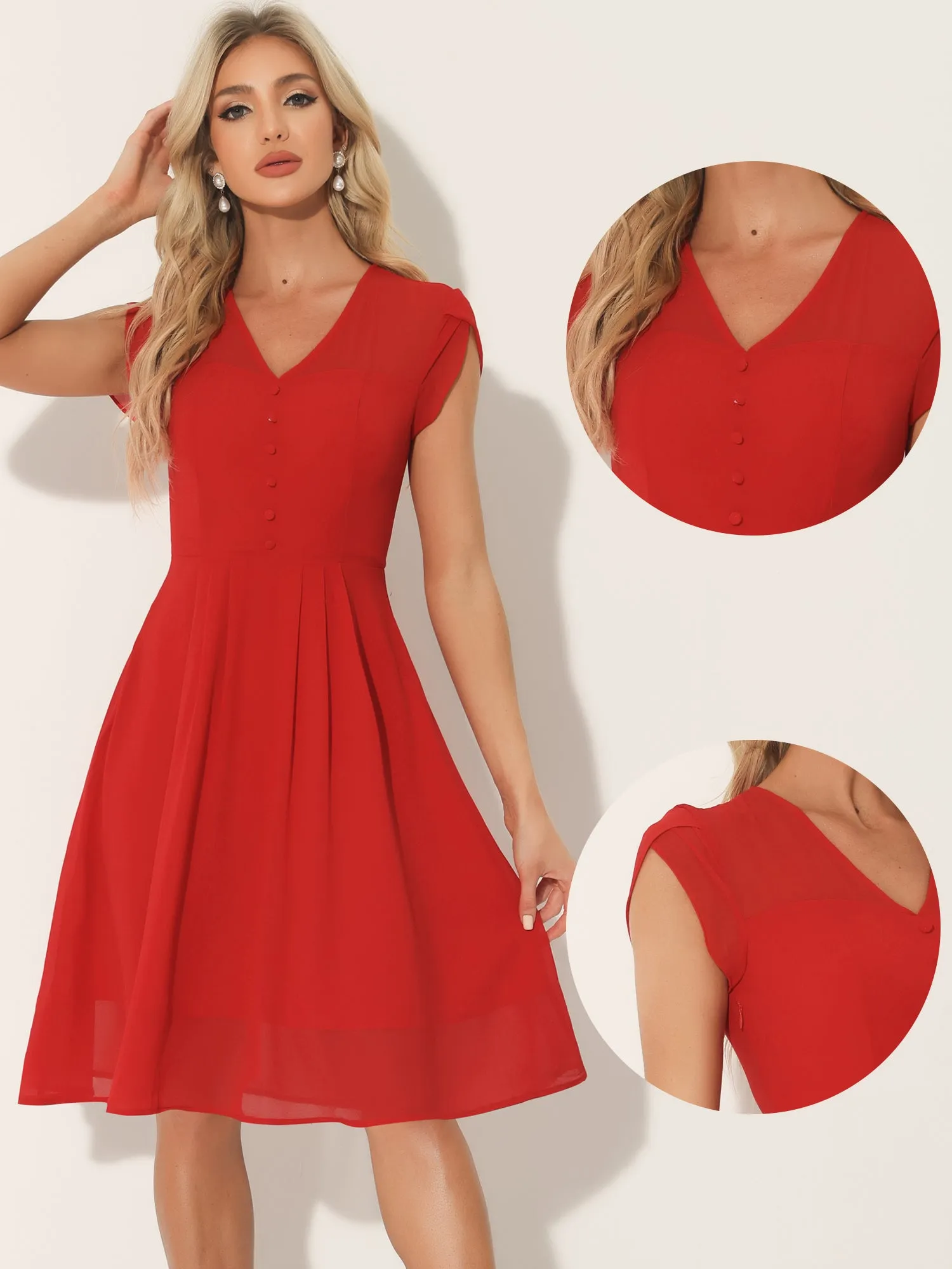Vintage Chiffon V Neck Cap Sleeve Elegant A-Line Dress sold by Allegra K product image thumbnail 2