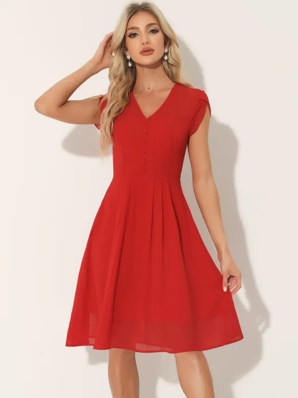 Vintage Chiffon V Neck Cap Sleeve Elegant A-Line Dress made by Allegra K