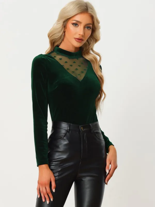 Casual Velvet Long Sleeve Choker Neck Heart Dots Mesh Panel Top sold by Allegra K