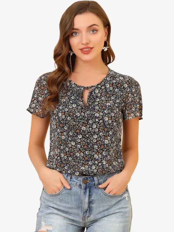 Tie Neck Short Sleeve Ruffled Floral Blouse sold by Allegra K