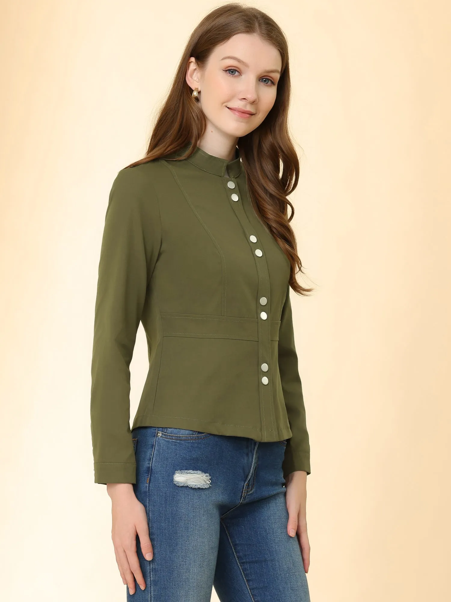 Casual Stand Collar Long Sleeve Button Front Twill Jacket sold by Allegra K product image thumbnail 3