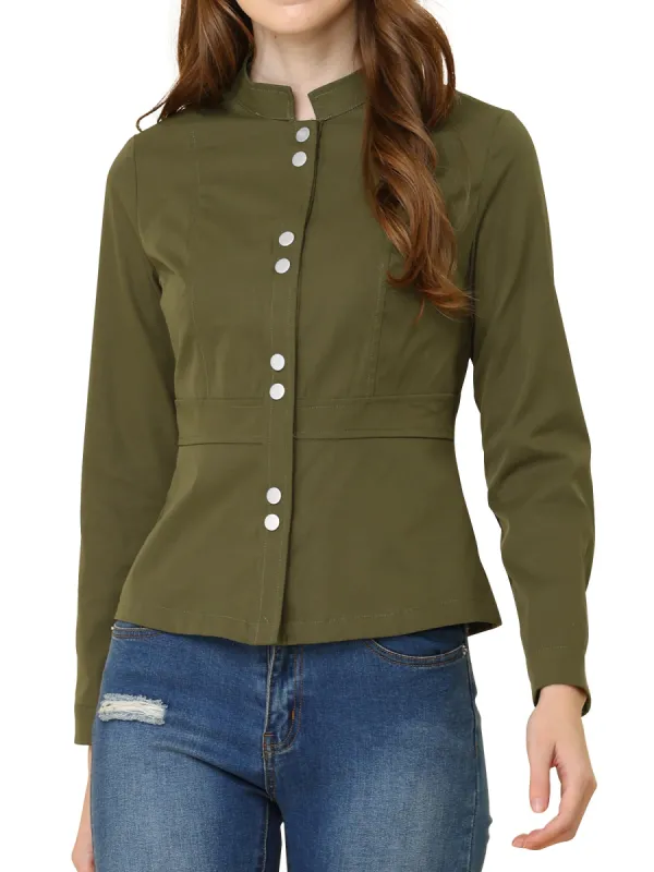 Casual Stand Collar Long Sleeve Button Front Twill Jacket made by Allegra K