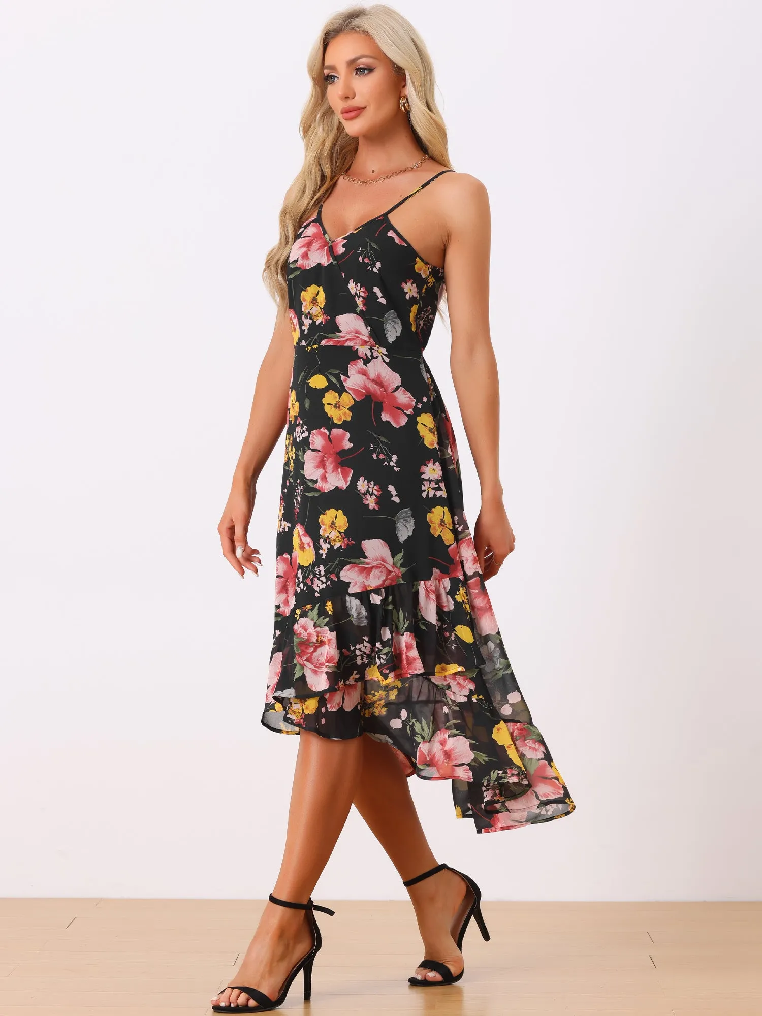 Floral Spaghetti Strap Sleeveless V Neck Ruffle Hem Midi Dress sold by Allegra K product image thumbnail 2