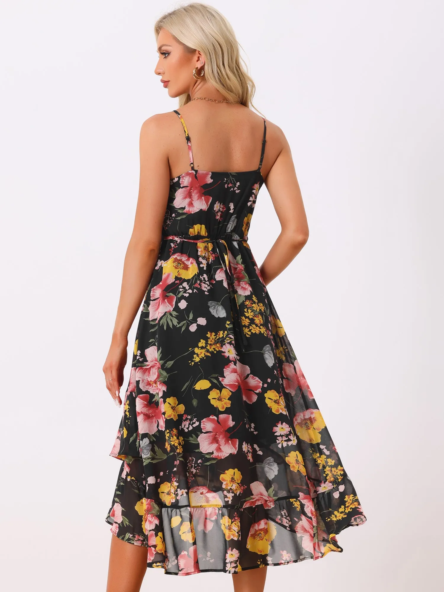 Floral Spaghetti Strap Sleeveless V Neck Ruffle Hem Midi Dress sold by Allegra K product image thumbnail 3