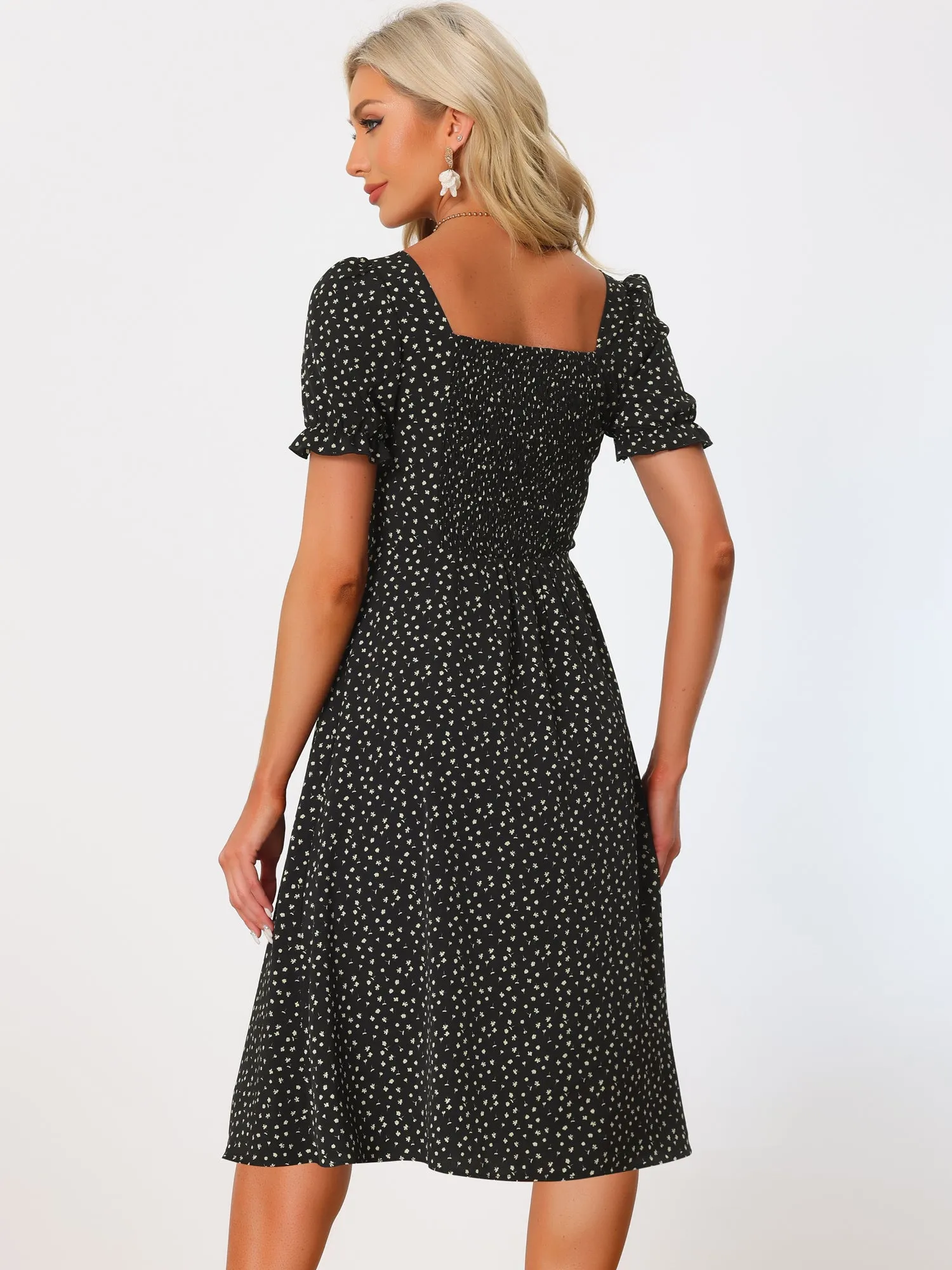 Floral Square Neck Button Decor Puff Short Sleeve Midi Dress sold by Allegra K product image thumbnail 3