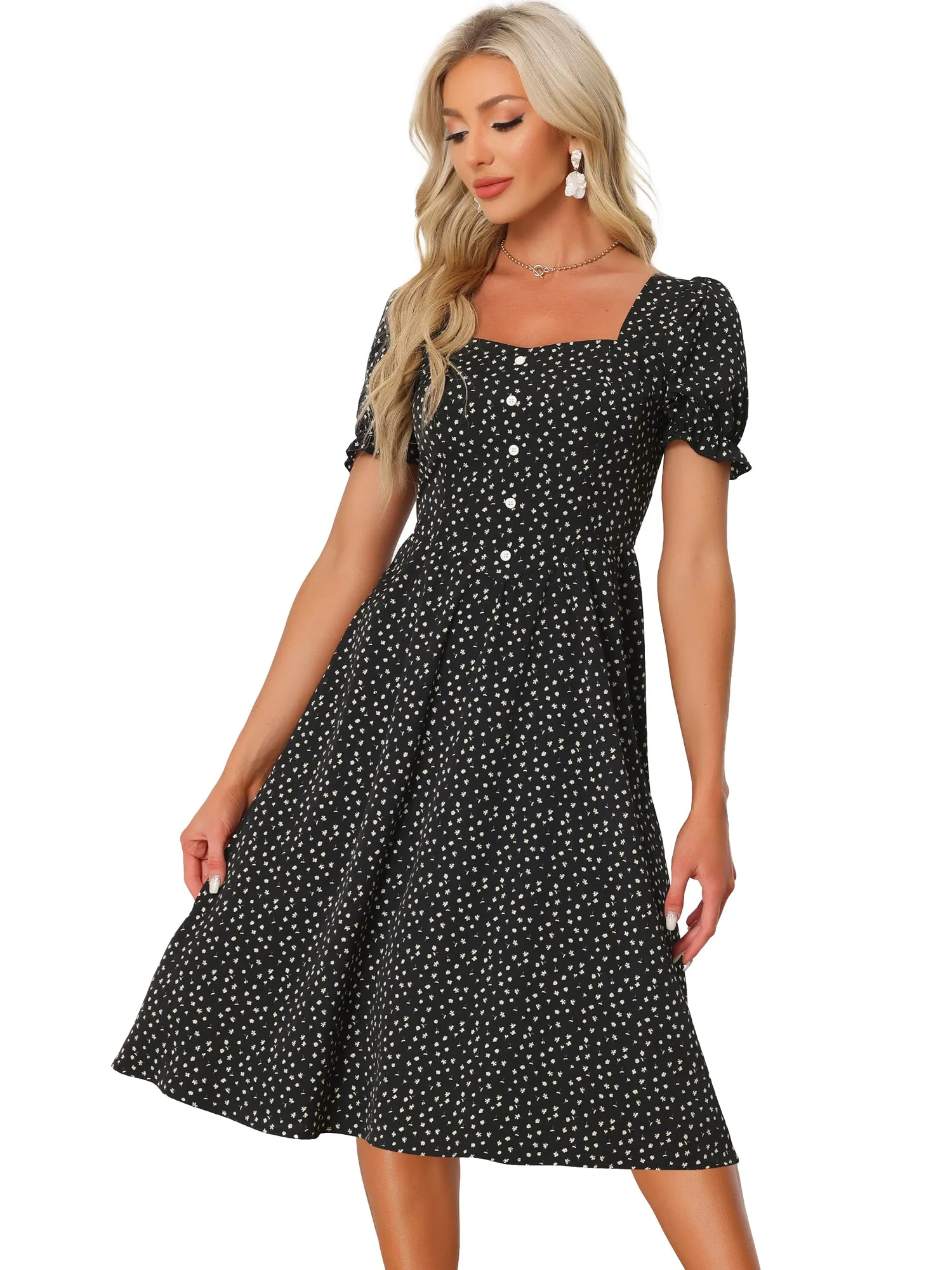 Floral Square Neck Button Decor Puff Short Sleeve Midi Dress sold by Allegra K product image thumbnail 4