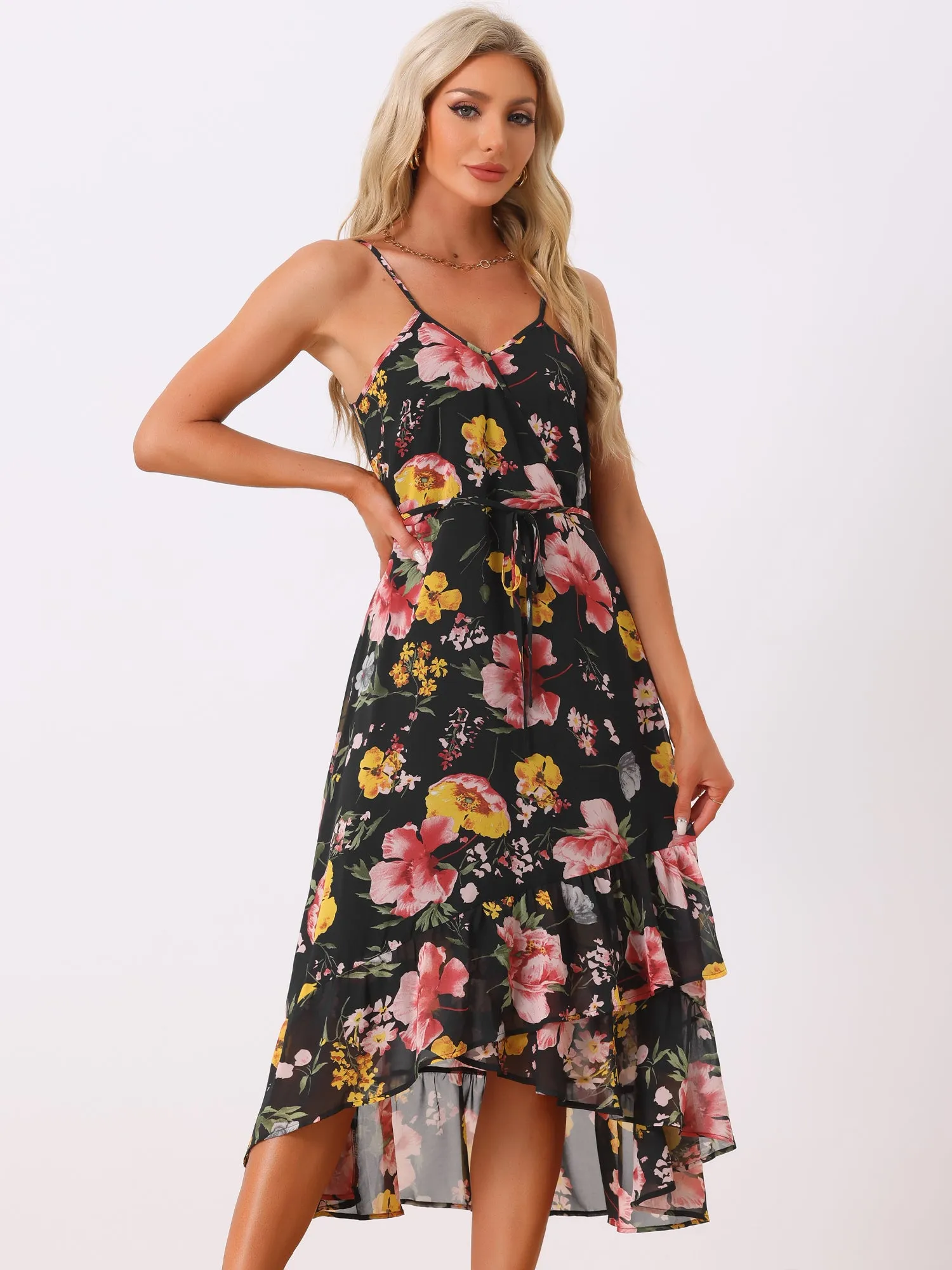 Floral Spaghetti Strap Sleeveless V Neck Ruffle Hem Midi Dress sold by Allegra K
