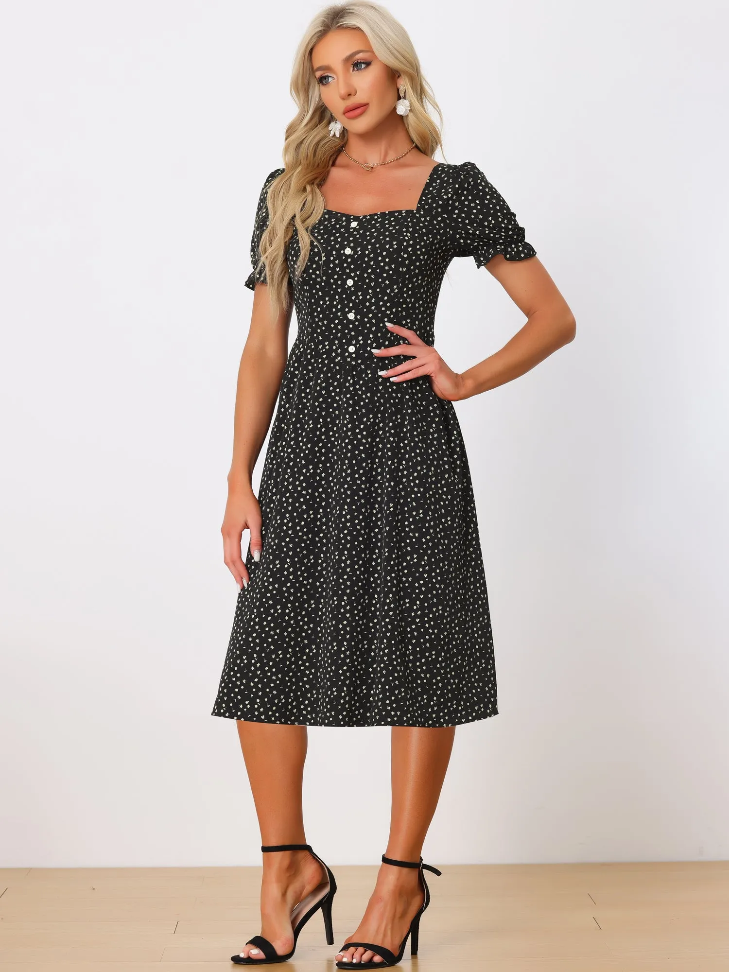 Floral Square Neck Button Decor Puff Short Sleeve Midi Dress sold by Allegra K