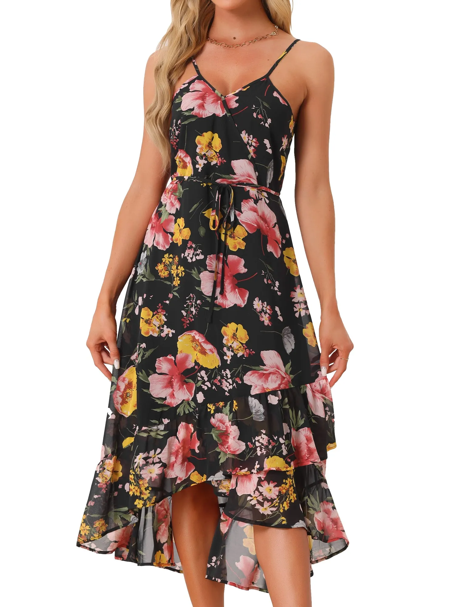 Floral Spaghetti Strap Sleeveless V Neck Ruffle Hem Midi Dress sold by Allegra K product image thumbnail 5