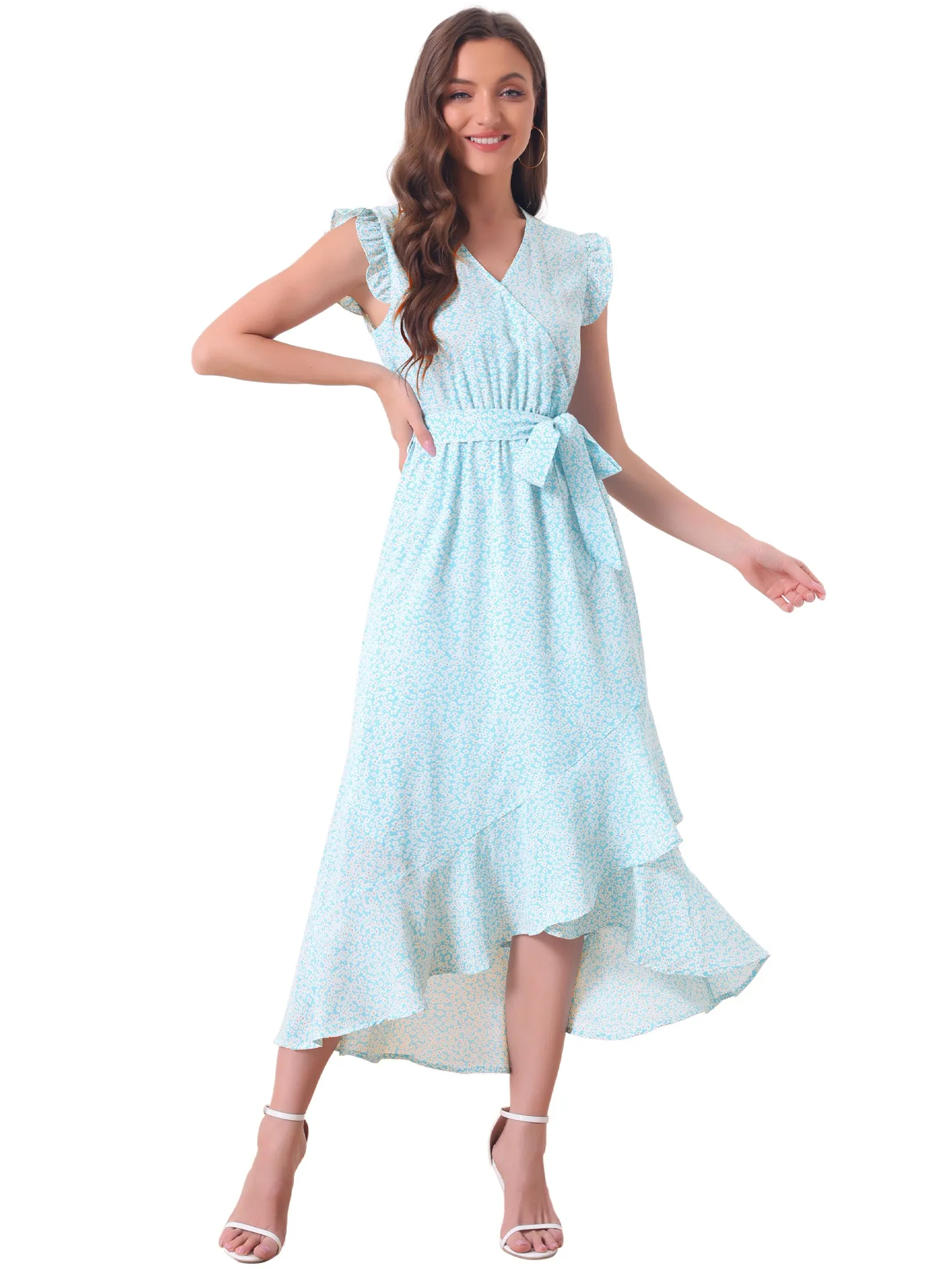 V Neck Belted Ruffles Midi Sundress Sleeveless Floral Wrap Dress sold by Allegra K product image thumbnail 4