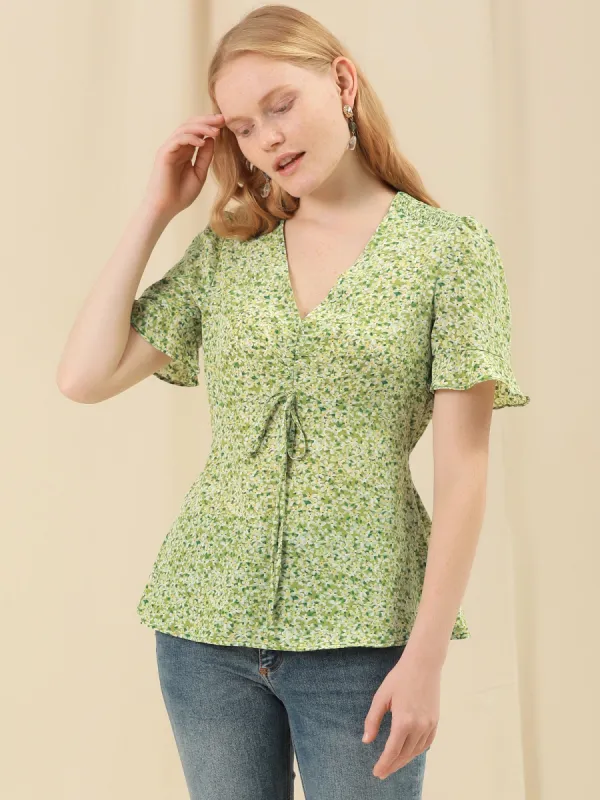 Ditsy Floral V Neck Ruffle Summer Ruched Chiffon Peasant Top Blouse sold by Allegra K