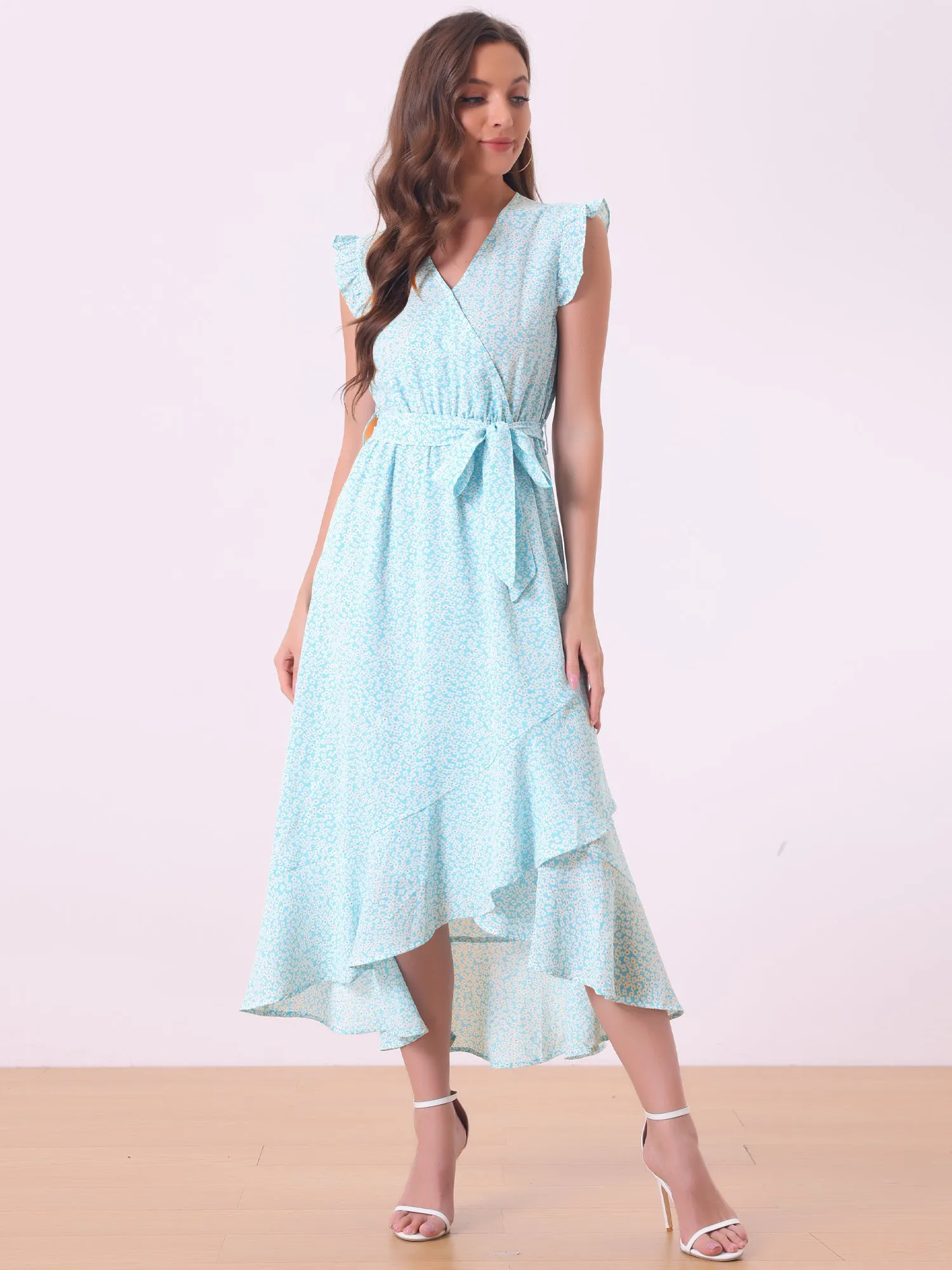 V Neck Belted Ruffles Midi Sundress Sleeveless Floral Wrap Dress sold by Allegra K