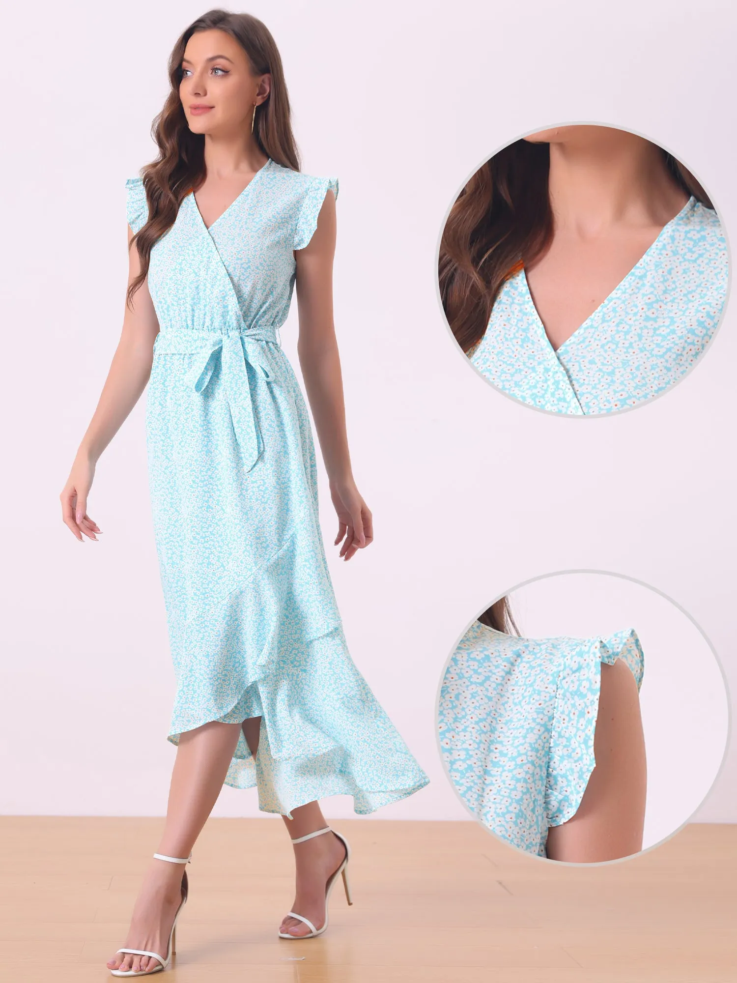 V Neck Belted Ruffles Midi Sundress Sleeveless Floral Wrap Dress sold by Allegra K product image thumbnail 2
