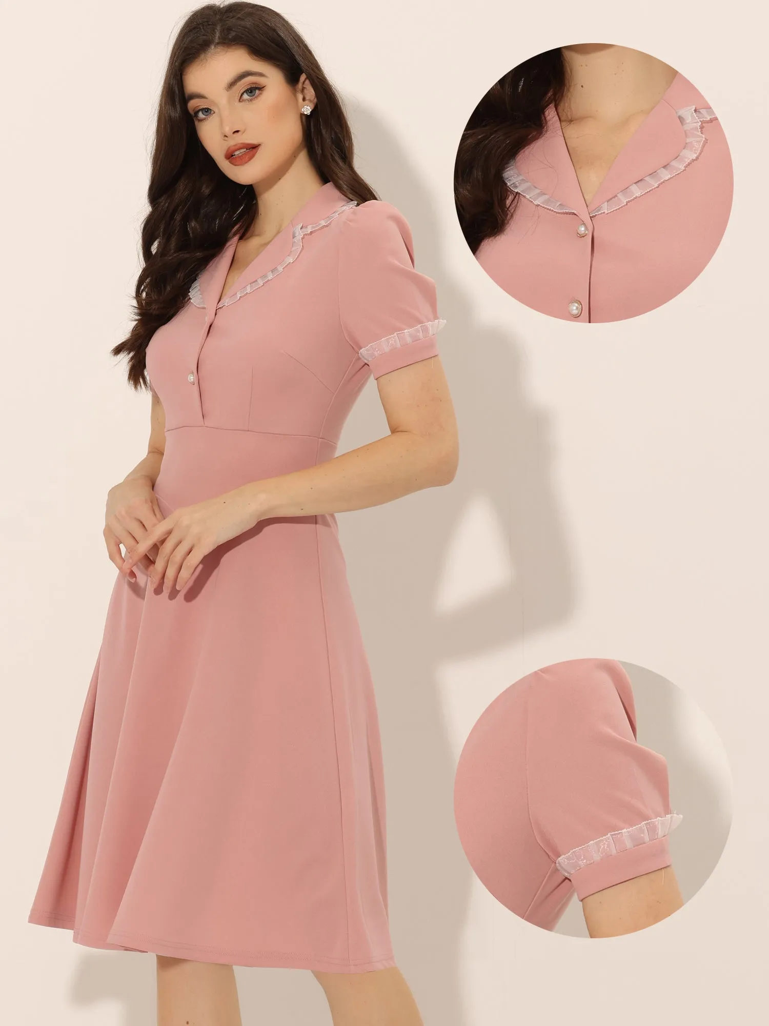 Work Lace Notched Collar Vintage 1950s Short Sleeve Midi Shirt Dress sold by Allegra K product image thumbnail 2