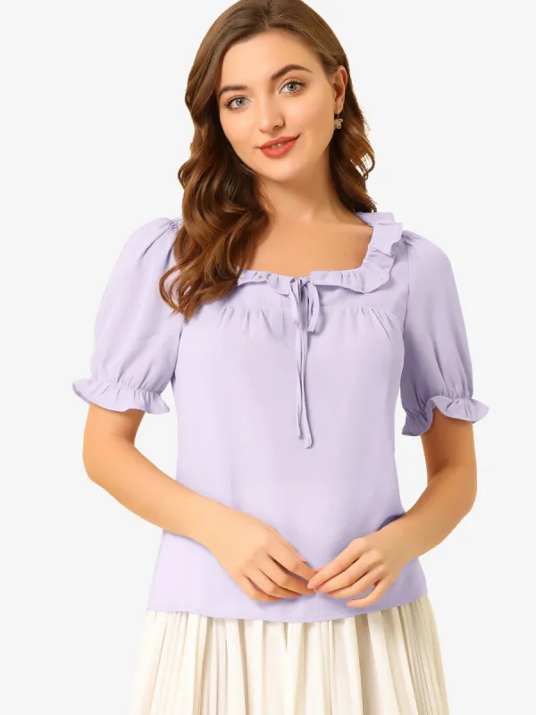 Ruffle Tops Elegant Puff Sleeve Square Neck Blouse sold by Allegra K