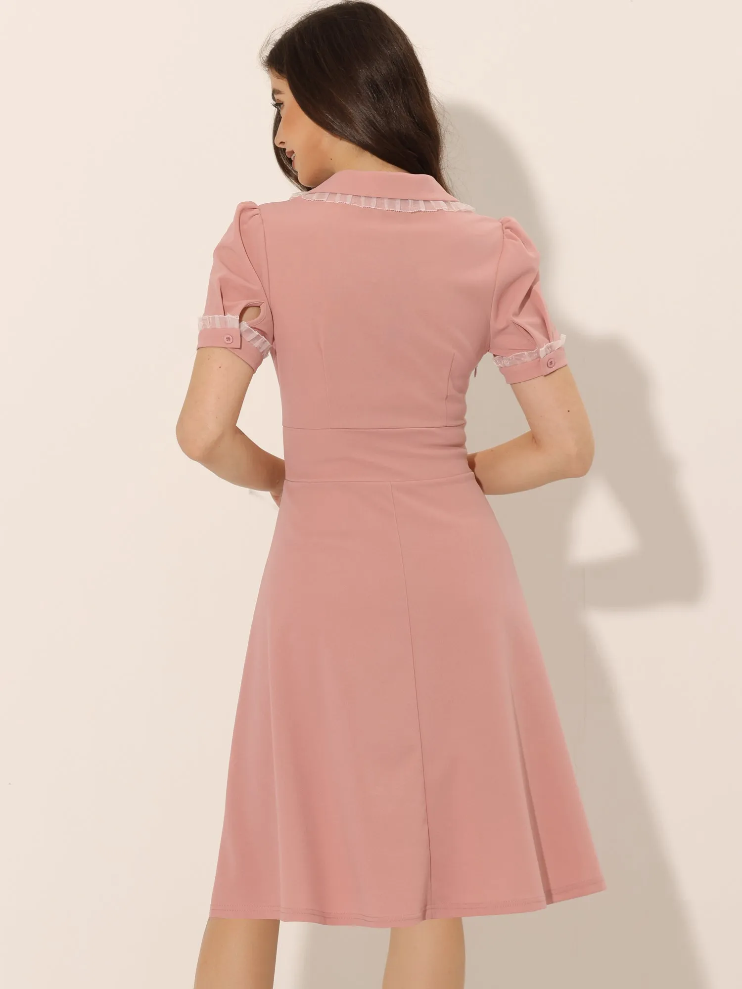 Work Lace Notched Collar Vintage 1950s Short Sleeve Midi Shirt Dress sold by Allegra K product image thumbnail 3