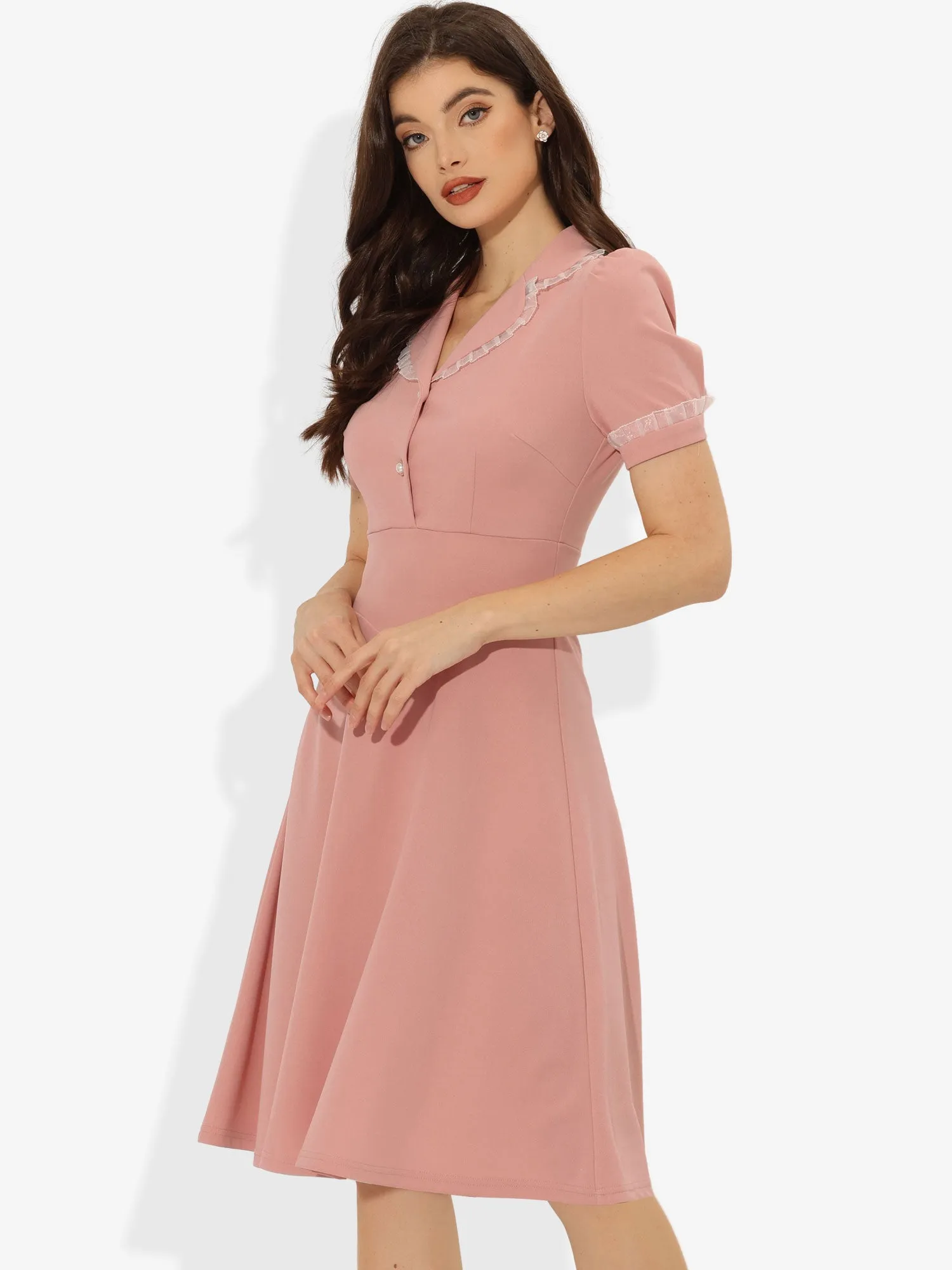 Work Lace Notched Collar Vintage 1950s Short Sleeve Midi Shirt Dress sold by Allegra K