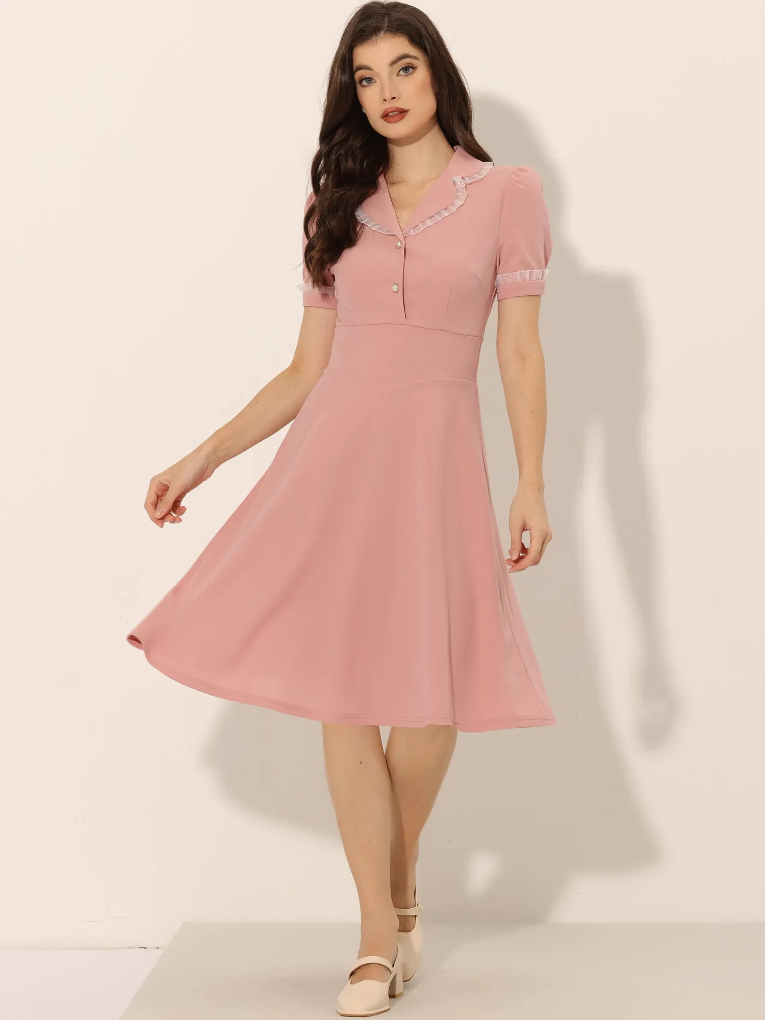 Work Lace Notched Collar Vintage 1950s Short Sleeve Midi Shirt Dress sold by Allegra K product image thumbnail 4