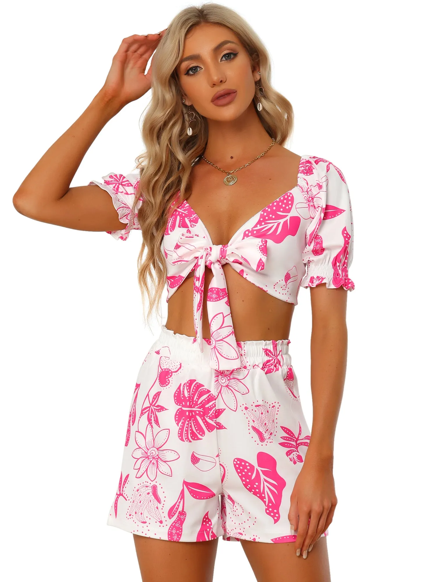 Floral Print Knot Front Puff Sleeve Crop Top Shorts 2 Piece Set sold by Allegra K product image thumbnail 5
