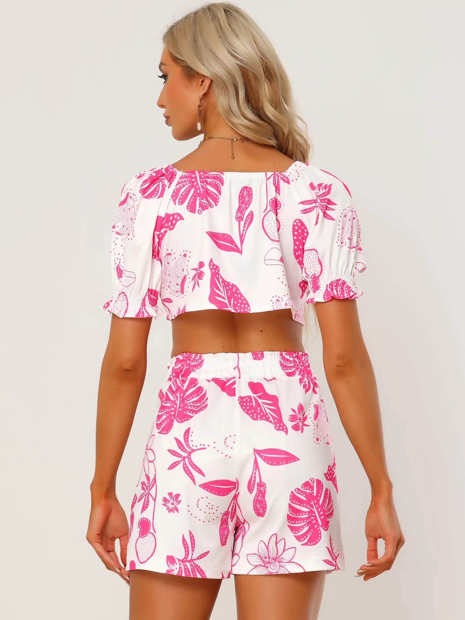 Floral Print Knot Front Puff Sleeve Crop Top Shorts 2 Piece Set sold by Allegra K product image thumbnail 3
