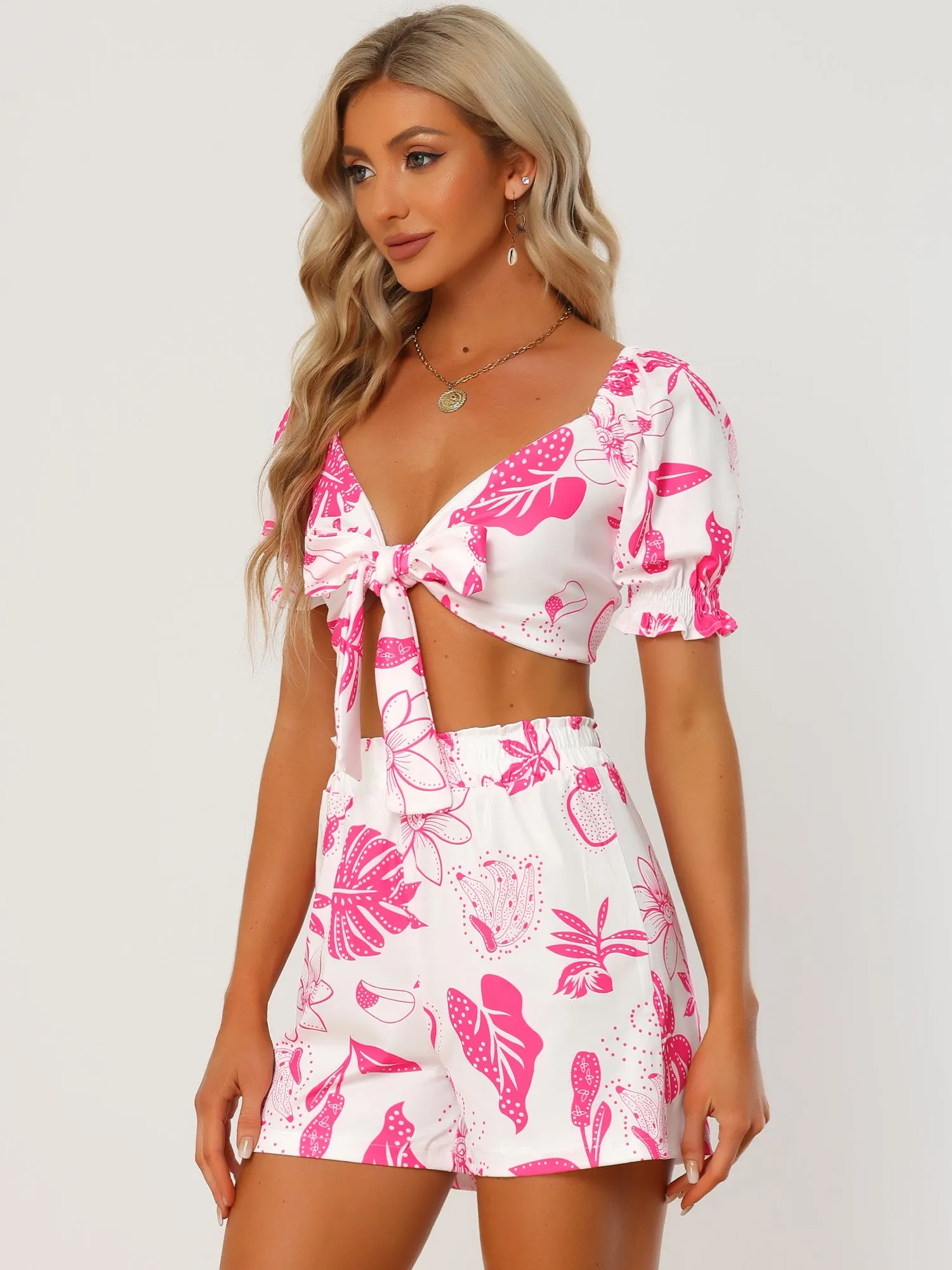 Floral Print Knot Front Puff Sleeve Crop Top Shorts 2 Piece Set sold by Allegra K