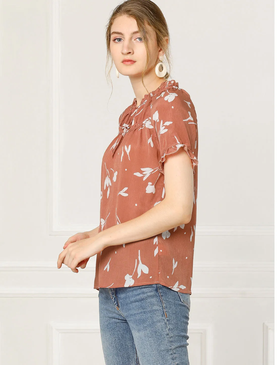 Floral Tie Neck Ruffle Short Sleeve Peasant Blouse Top sold by Allegra K product image thumbnail 3