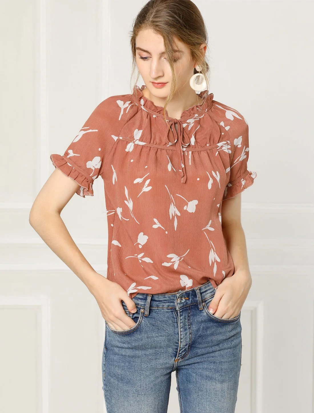 Floral Tie Neck Ruffle Short Sleeve Peasant Blouse Top sold by Allegra K product image thumbnail 2